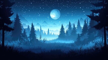Fototapeta premium A Silhouetted Forest Under a Full Moon and Starry Sky