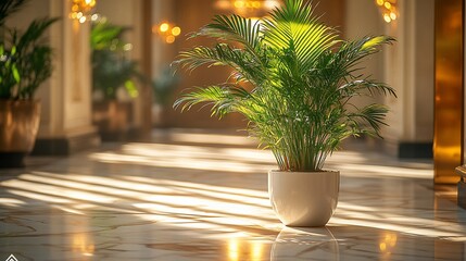 Fototapeta premium Sunlit Palm Plant in Elegant Hallway Pot