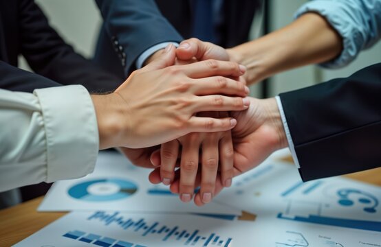 Business people join hands in strong teamwork gesture. Diverse group meeting in modern office. Hands together represent partnership, solidarity. Success, growth focus of collaborative effort.
