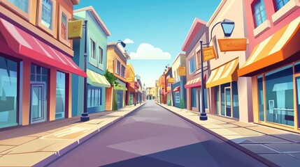 Obraz premium A Cartoon Illustration of a Colorful, Sunny Street in a Small Town