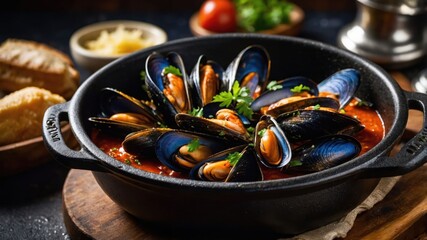 A delicious dish of mussels in a savory tomato sauce, garnished with herbs.