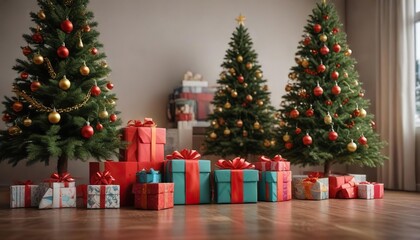 Gift-wrapped presents beside a minimalist Christmas tree, cozy setup,