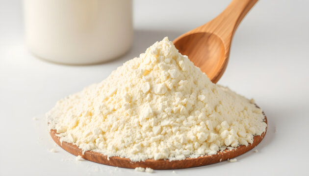 Pile of bovine colostrum powder with wooden spoon and white container on white background. Colostrum benefits for immune system and gut health concept isolated with white highlights, png
