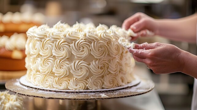 Artistic Icing: Skilled Hands Decorating Cake with Swirls and Patterns in Bakery Setting