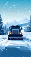 Snowplow machine removing snow on a rural road, providing access after snowfall, illustrated in a soft, painterly art style