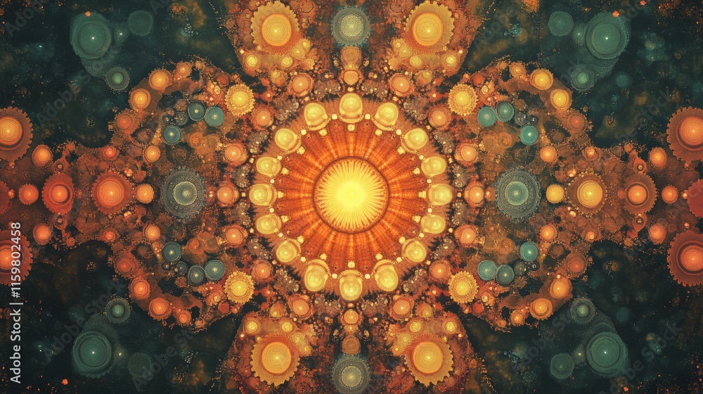 Poster vibrant abstract fractal patterns with a central sunburst design suitable for creative projects and 