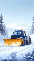 Snowplow machine maneuvering through a mountain road after heavy snowfall, illustrated in a vivid, comic book-inspired style