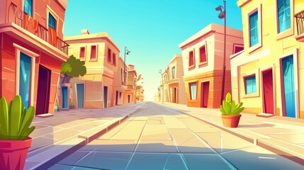 Fototapeta premium Colorful buildings lining a cobblestone street with a clear blue sky overhead