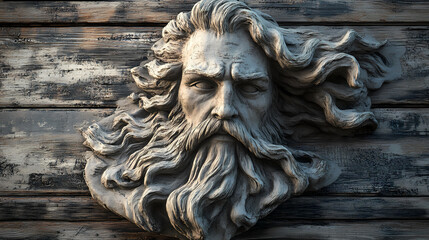 A detailed sculpture of an ancient mariner with flowing hair and beard, set against a wooden backdrop, evoking a sense of adventure and history. Mariner. Illustration