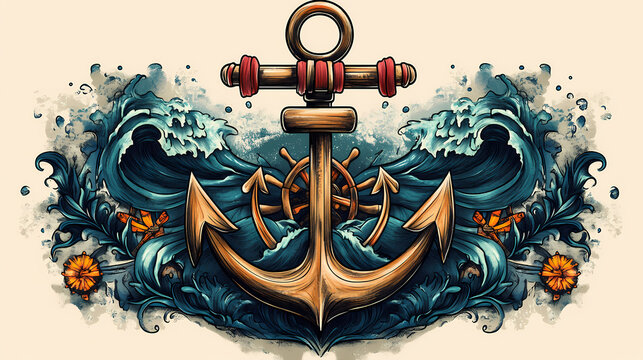 A detailed tattoo design representing a nautical theme, including an anchor, ship wheel, and ocean waves. Mariner. Illustration