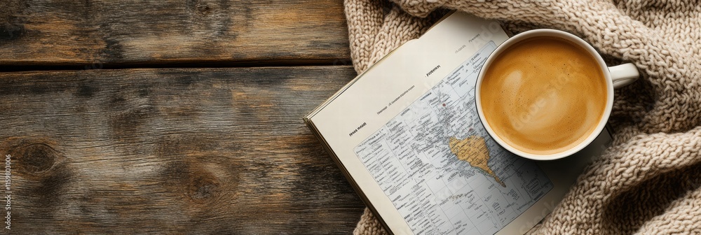 Poster Cozy travel flatlay featuring a cup of coffee and an open travel guide on a rustic wooden surface in a serene setting. Generative AI
