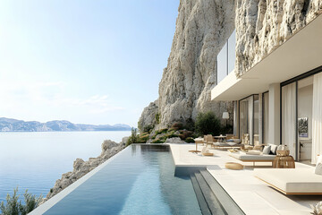 Fototapeta premium Luxurious cliffside villa with infinity pool, breathtaking sea view, modern architecture, and outdoor lounge area. Perfect for luxury travel, real estate, and lifestyle advertising.