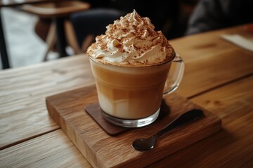 Elevated view of Dalgona coffee with whipped cream on a wooden tray in a café