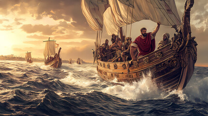 Ancient roman sailors navigating the mediterranean sea on a wooden ship. Mariner. Illustration