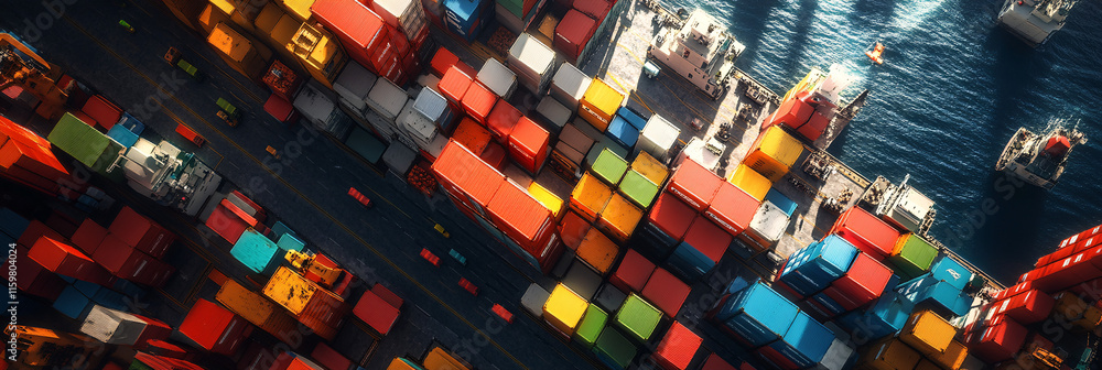 Aufkleber aerial view of a bustling port with colorful shipping containers and crates of fresh produce being l