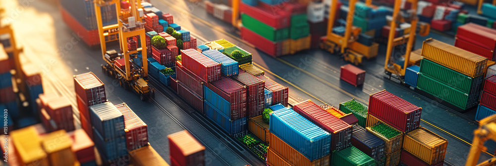 Poster aerial view of a bustling port with colorful shipping containers and crates of fresh produce being l
