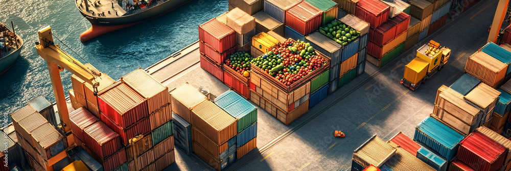 Poster aerial view of a bustling port with colorful shipping containers and crates of fresh produce being l