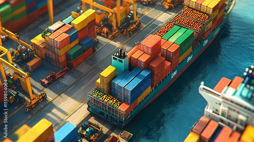 Poster aerial view of a bustling port with colorful shipping containers and crates of fresh produce being l