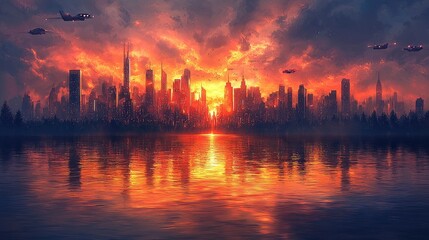 Fototapeta premium A vibrant sunset over a futuristic cityscape reflected in water.