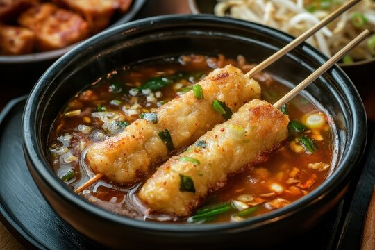 Eomuk Guk or Odeng Guk features fish cake skewers in soup accompanied by danmuji served as Korean street food