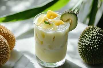 Es teler is an Indonesian chilled fruit mix made with avocado young coconut jackfruit durian jelly and milk