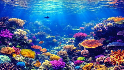 Obraz premium Vibrant underwater scene showcasing a thriving coral reef teeming with colorful fish and diverse coral formations. Ideal for marine biology, ocean conservation, or travel brochures.