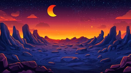 Fototapeta premium A crescent moon hangs in the sky above a rocky, alien landscape.