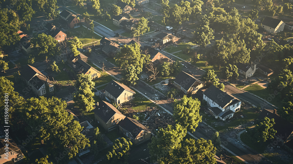 Poster aerial view of a neighborhood with multiple homes damaged by fallen trees after a severe storm, emph