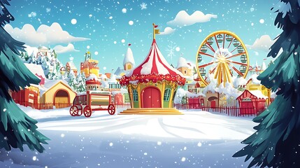 Obraz premium A festive amusement park scene covered in snow, featuring a carousel and a Ferris wheel.