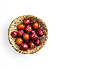 Obraz premium Flat lay of a wicker basket containing jujubes on a white background with room for your text