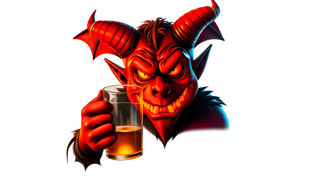 Halloween devil with glass mug isolated with white highlights, png