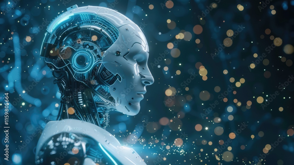 Poster science fiction picture of high tech robots for chat bot program, assistance technology about inform