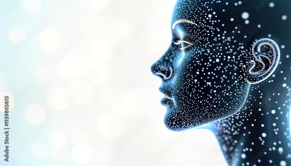 Poster digital head design shows futuristic human face. head appears connected to tech network. image evoke