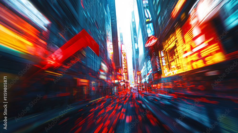 Poster an abstract interpretation of a red arrow intersecting with digital billboards, where vibrant colors