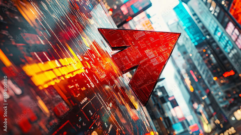 Poster an abstract interpretation of a red arrow intersecting with digital billboards, where vibrant colors