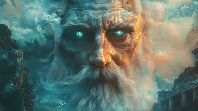 A powerful godlike figure with glowing blue eyes emerges from swirling clouds over a ruined city creating a divine and mystical presence  
