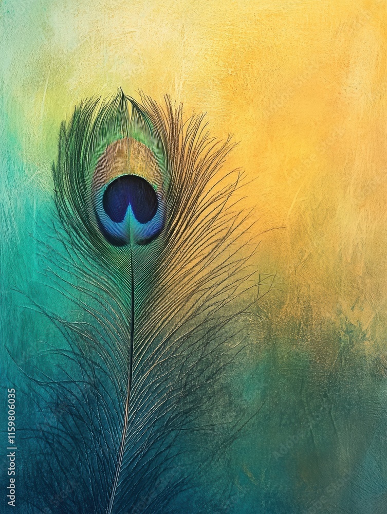 Poster Intricate close up of a peacock feather showcasing vibrant colors and textures with space for text highlighting its beauty. Generative AI