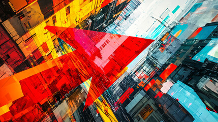 An abstract interpretation of a red arrow intersecting with digital billboards, where vibrant colors clash to reflect the chaos of financial instability. 