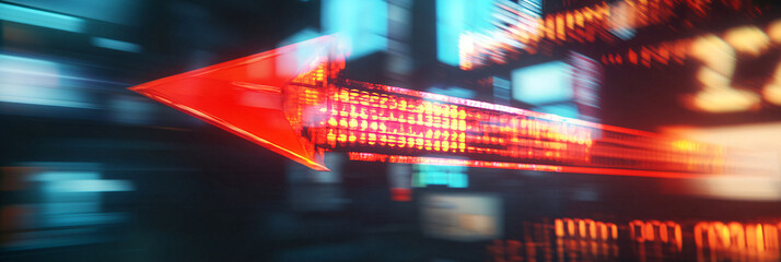 Fototapeta premium An abstract interpretation of a red arrow intersecting with digital billboards, where vibrant colors clash to reflect the chaos of financial instability. 