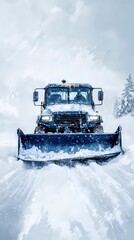 Snow-clearing truck working in a city, keeping streets accessible, illustrated in a clean and structured technical style