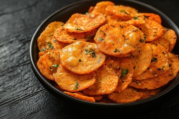Fried wheel snacks Close up view of spiced wheel crisps on a dark background