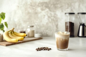 Frozen banana espresso latte in a vegan non dairy blend on a white kitchen table