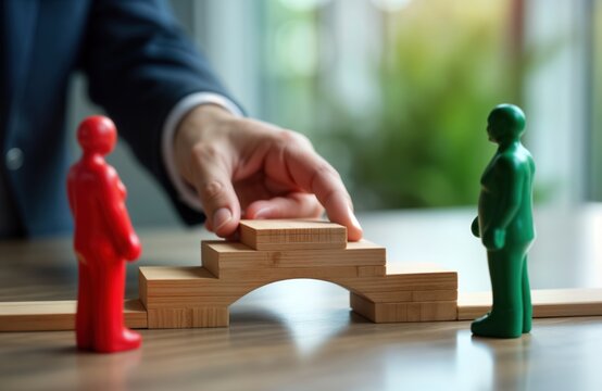 Hand builds wooden bridge connecting two figurines. Mediator solves conflict. Bridge represents understanding. Figures symbolize people groups. Concept of conflict resolution, mediation shown.