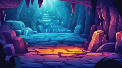 Obraz premium A Crystalline Cave with a Stairway Leading to a Bright Light