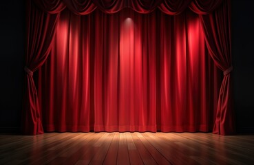 Red stage curtain closed. Spotlight illuminates empty stage. Dramatic theatrical atmosphere. Performance waiting to begin. Awaiting excitement for show. Excellent photo for entertainment related