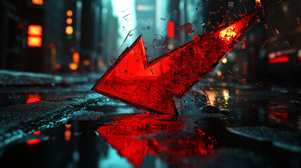 An abstract representation of a red arrow collapsing into the ground, with fragmented buildings and distorted reflections in puddles, depicting chaos in a high-tech metropolis.  