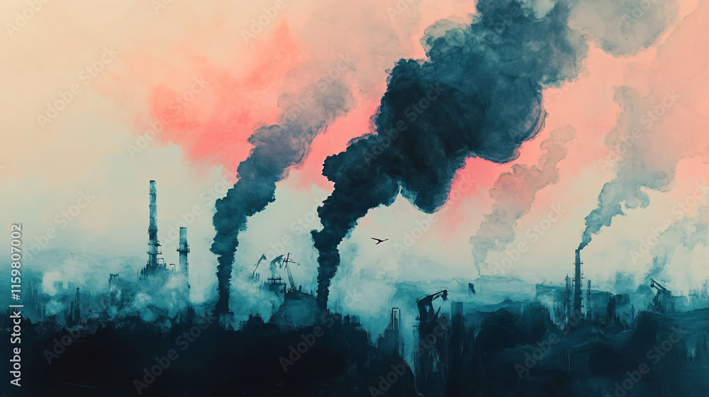 Poster an abstract representation of smoke billowing from a factory, morphing into dark shapes that depict 