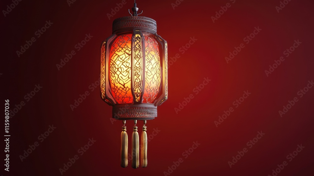 Poster elegant red lantern with intricate carvings and soft glow