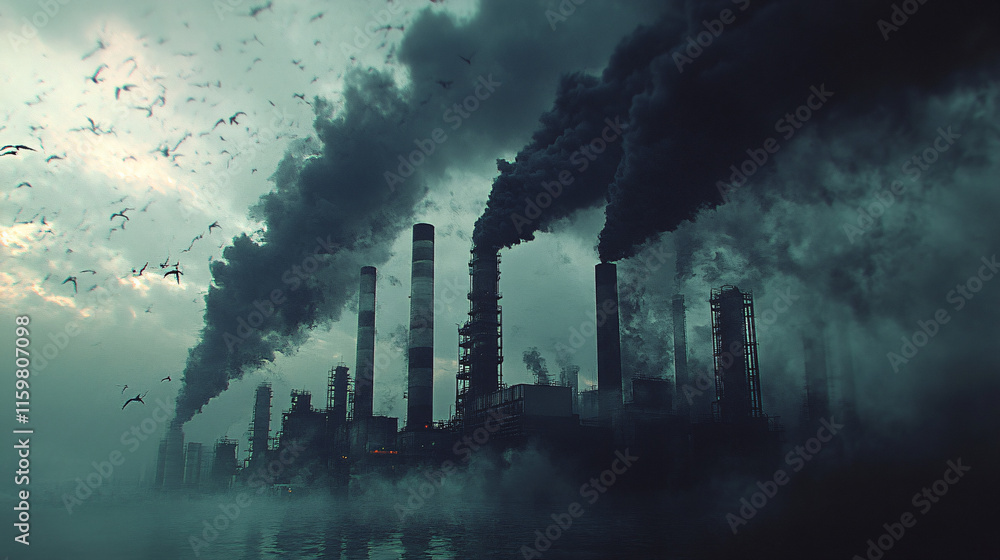 Poster an abstract representation of smoke billowing from a factory, morphing into dark shapes that depict 