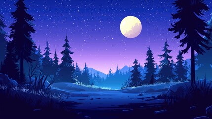 Fototapeta premium A Silhouetted Forest Under a Full Moon and Starry Night Sky